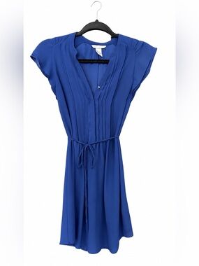 H&M Deep Blue V-Neck Pleated Dress with Tie Waist